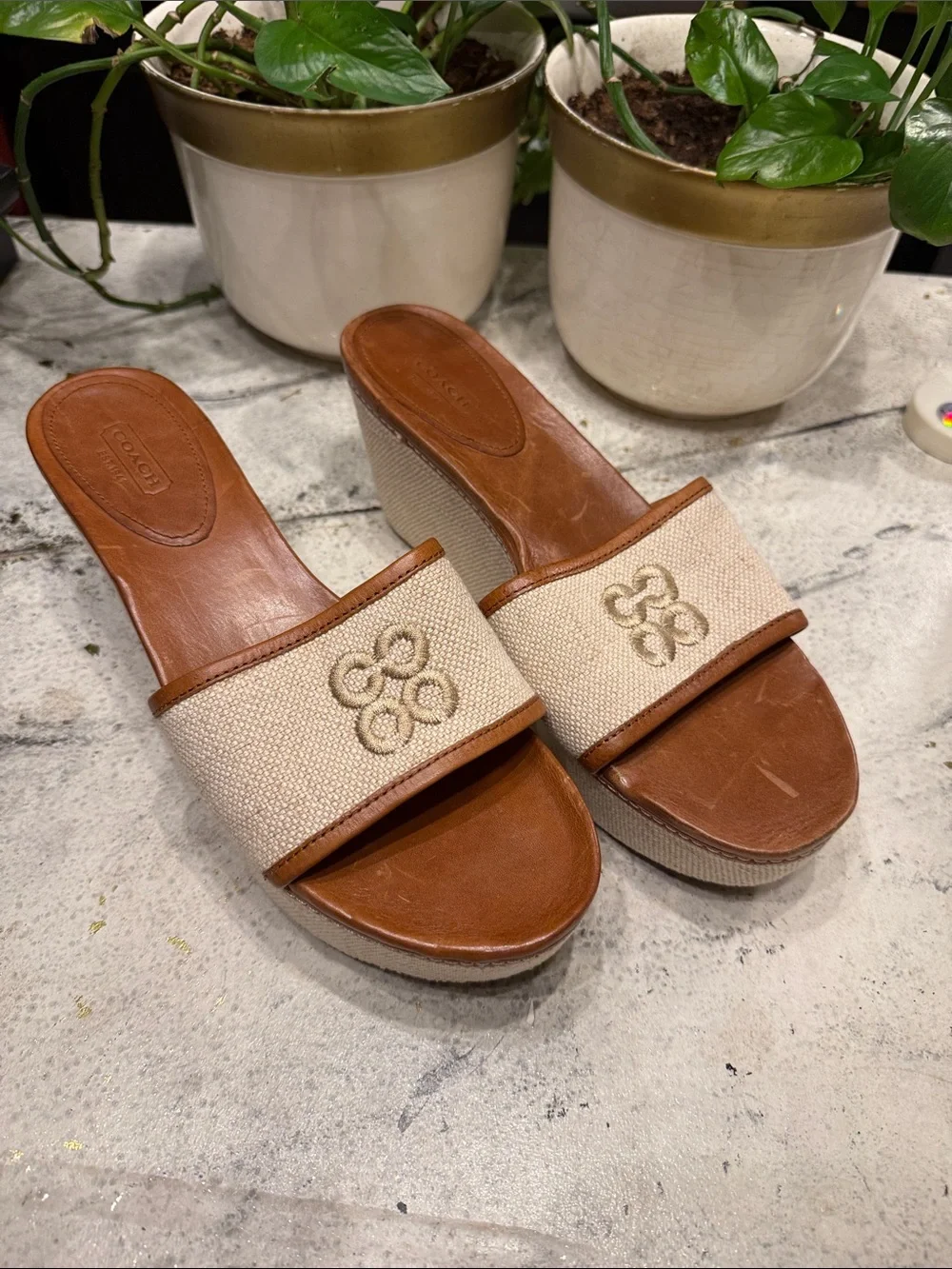 Coach Women’s Tan Leather & Canvas Slide Wedges - Natural/Tan size 10